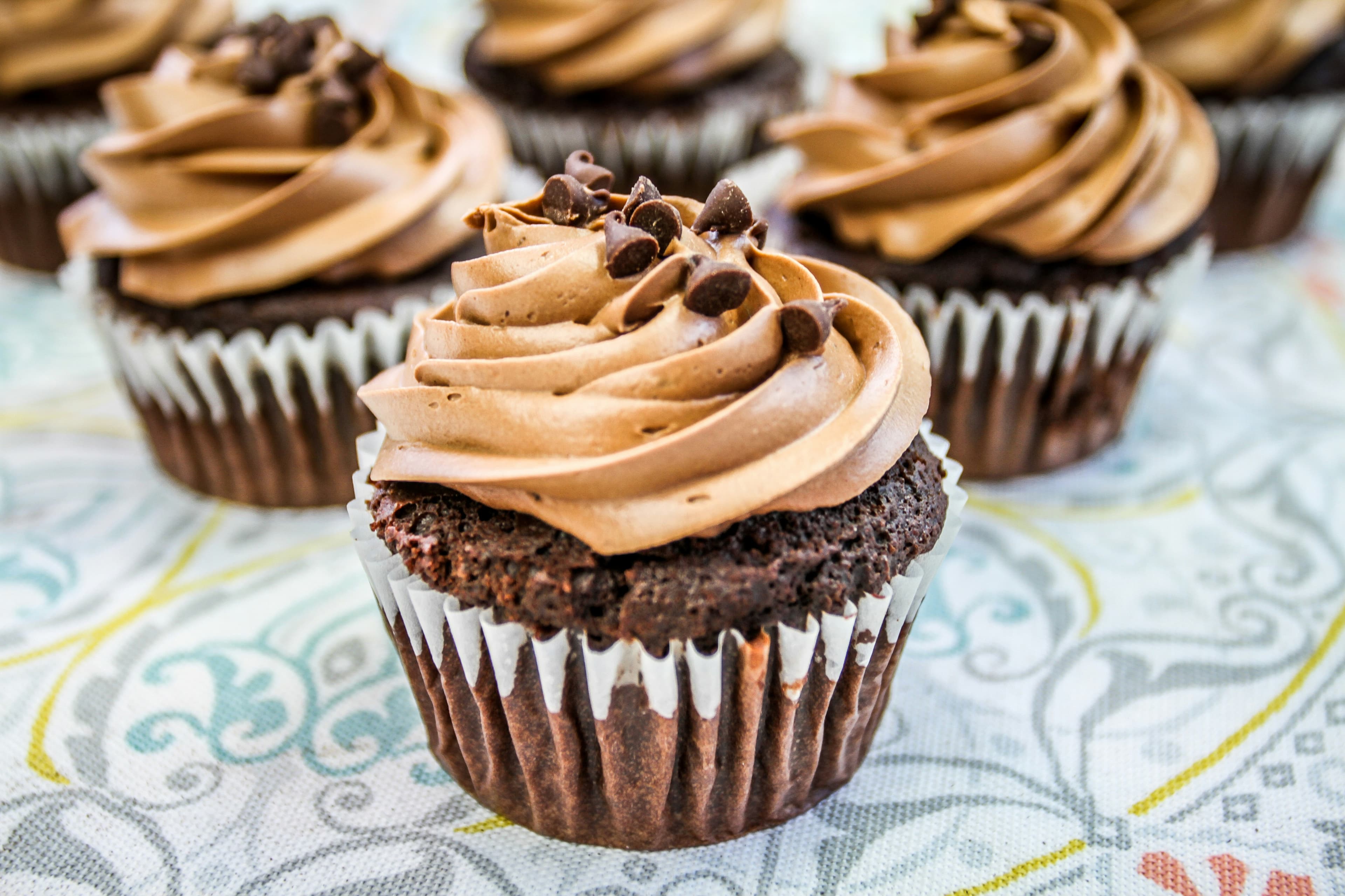 Chocolate cupcakes with swirled chocolate frosting