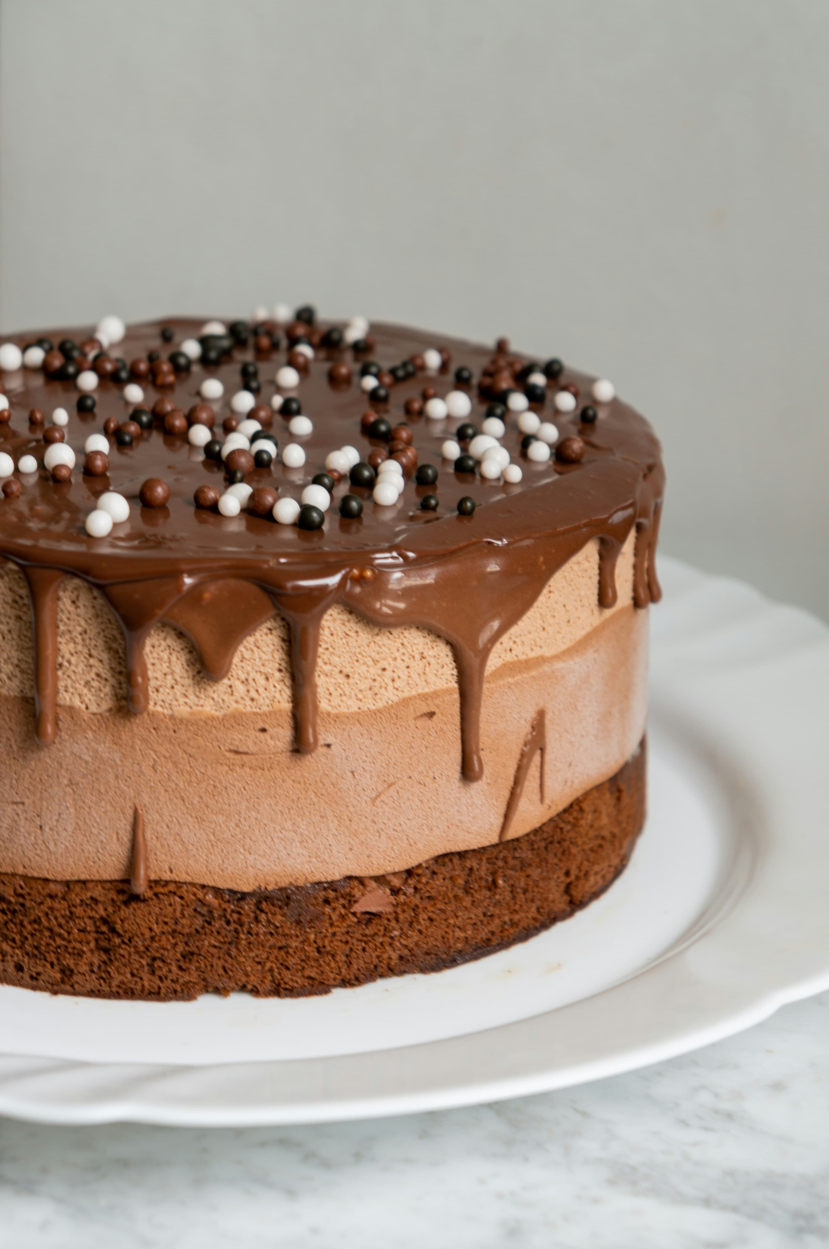 Chocolate mousse cake with a ganache drip